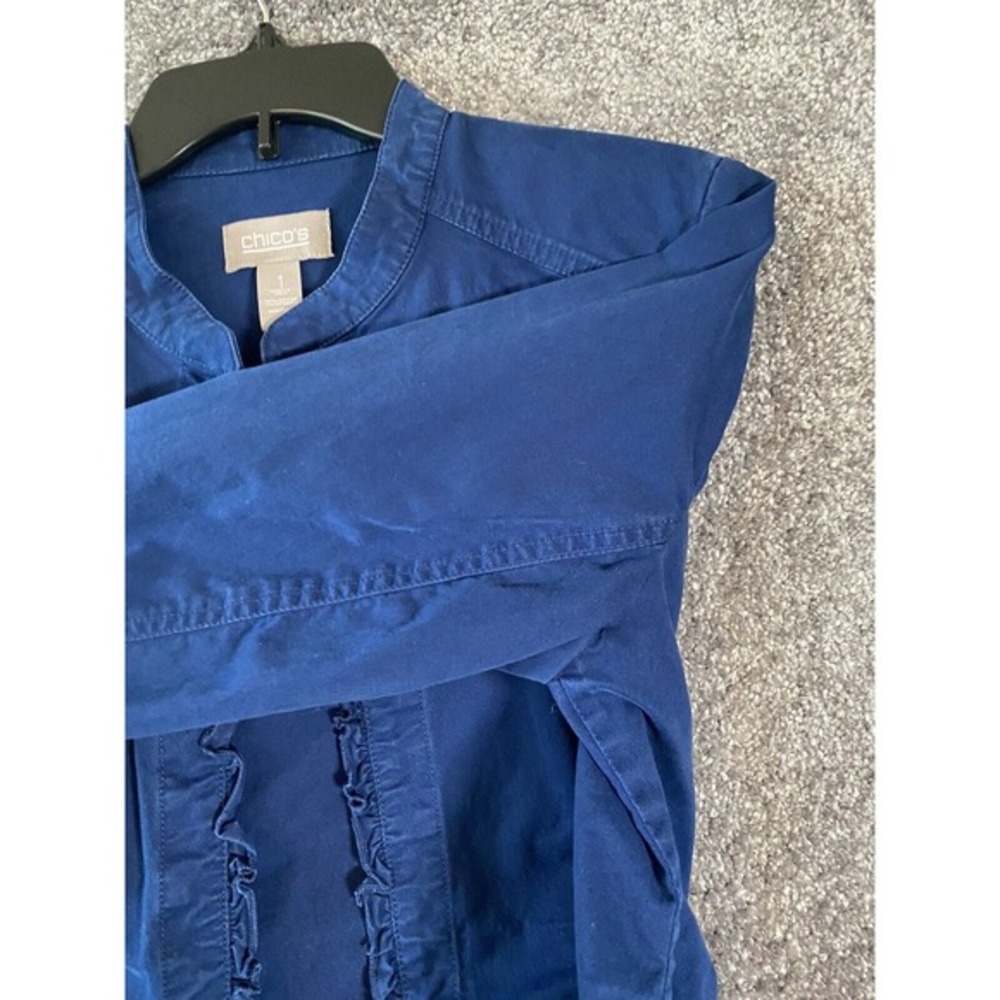 Chicos Jacket Womens Size 1 (Medium) Blue Blazer Ruffle‎ Open Front Preppy - Picture 9 of 13